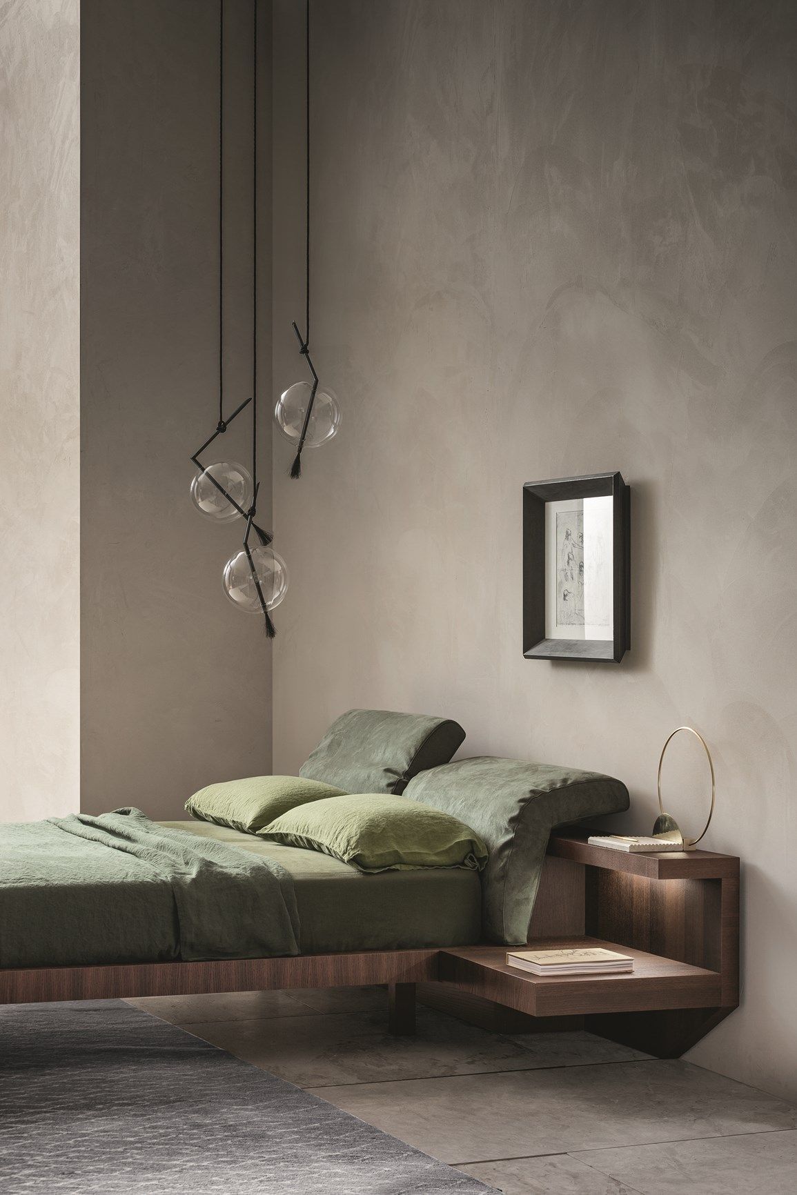 Design inspiration: olive linen, warm timber and globe pendant lighting in a restful bedroom